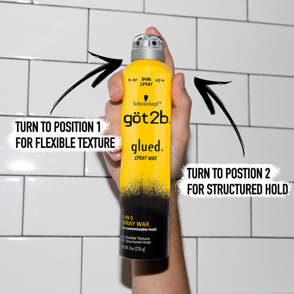 got2b Glued Customizable Hold Spray Wax, 2-in-1 Dual Nozzle, 8 oz | Versatile styling for flexible texture or structured hold, Lightweight formula, Washes out easily, Non-sticky feel