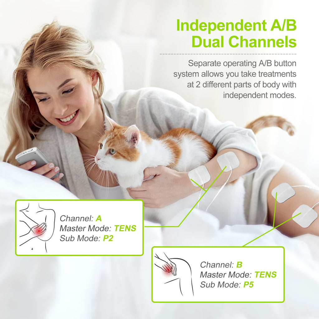 AUVON Dual Channel TENS Unit 24 Modes Muscle Stimulator for Pain Relief,Rechargeable TENS Machine Massager with 12 Pads, ABS Pads Holder, USB Cable and Dust-Proof Storage Bag