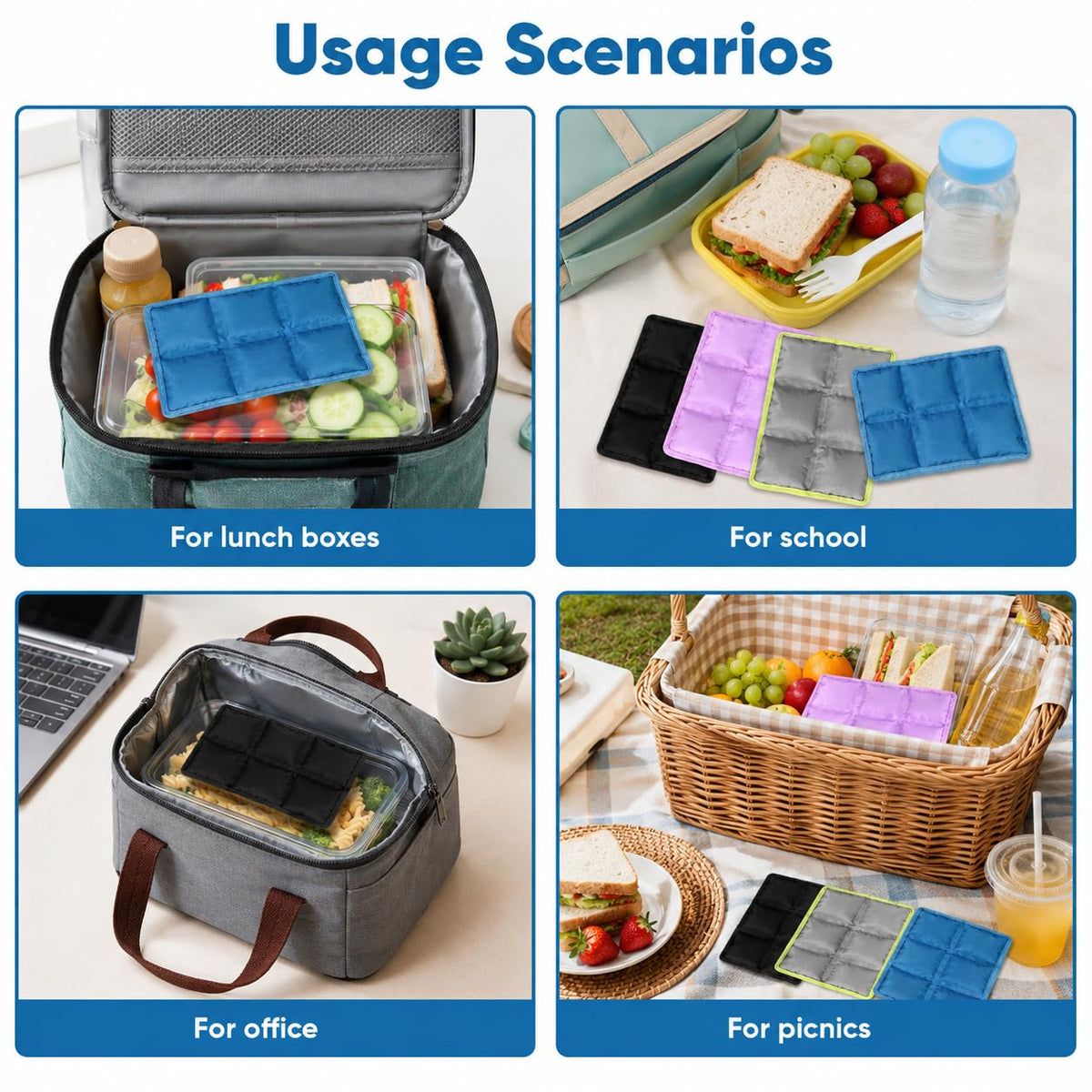 4 Pack Small Ice Packs for Lunch Boxes, Reusable, Multi-Color