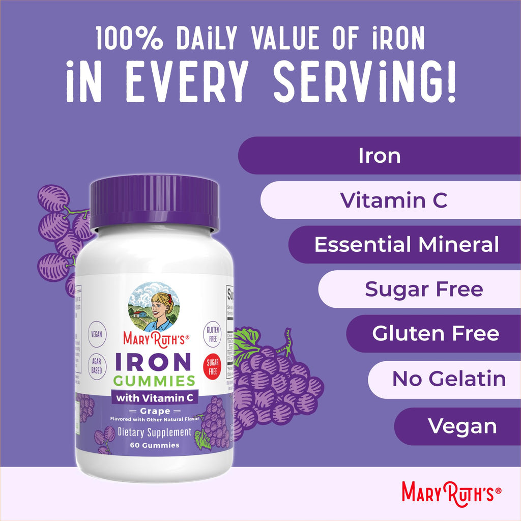 MaryRuth's Iron Gummies for 14+ with Vitamin C for Absorption | Sugar Free | Gummy Iron Supplement + VIT C | Energy Metabolism | Cellular Health | Immune Support | Vegan | Non-GMO | 60 Count | Sugar Free, Vegan, Cellular Health