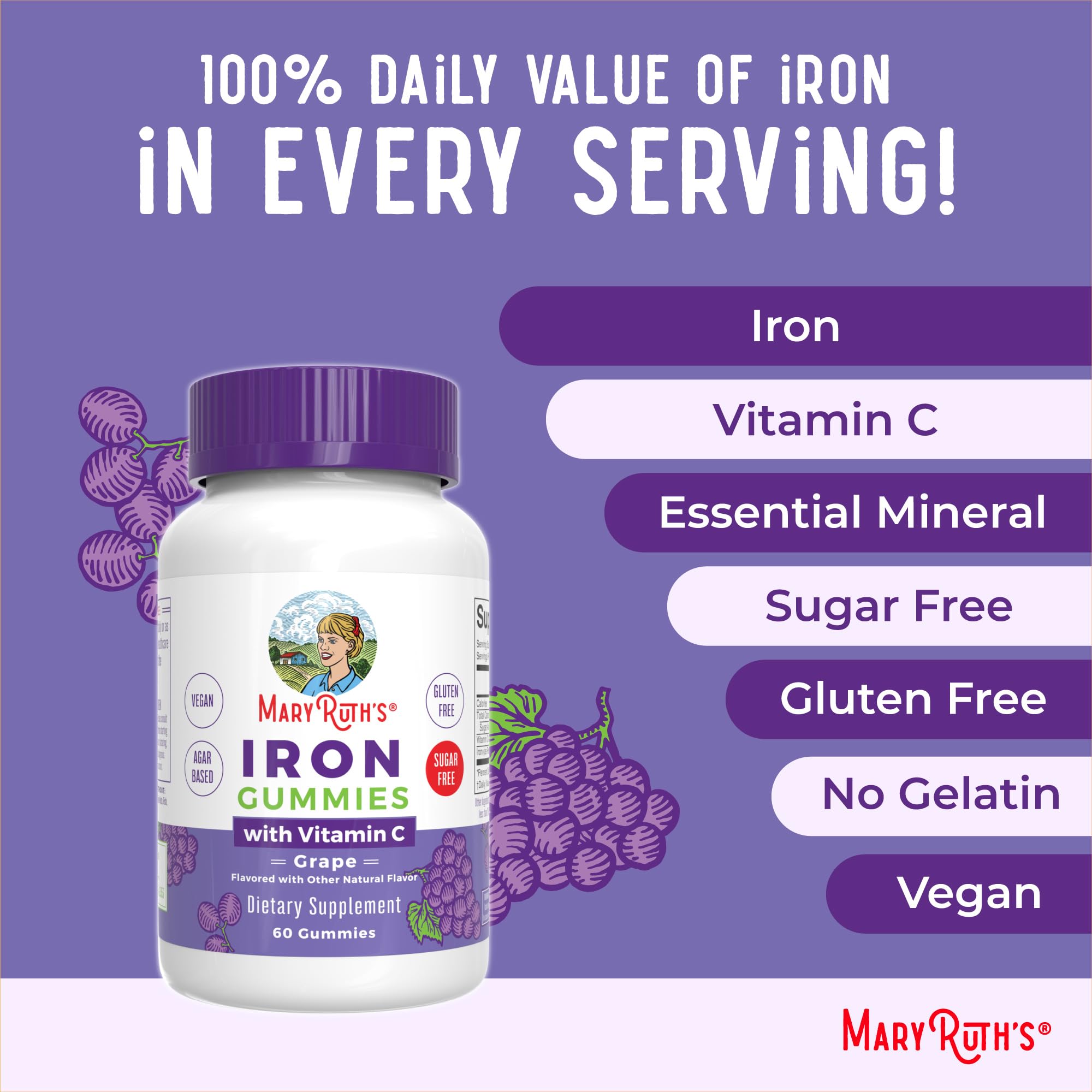 MaryRuth's Iron Gummies for 14+ with Vitamin C for Absorption | Sugar Free | Gummy Iron Supplement + VIT C | Energy Metabolism | Cellular Health | Immune Support | Vegan | Non-GMO | 60 Count | Sugar Free, Vegan, Cellular Health