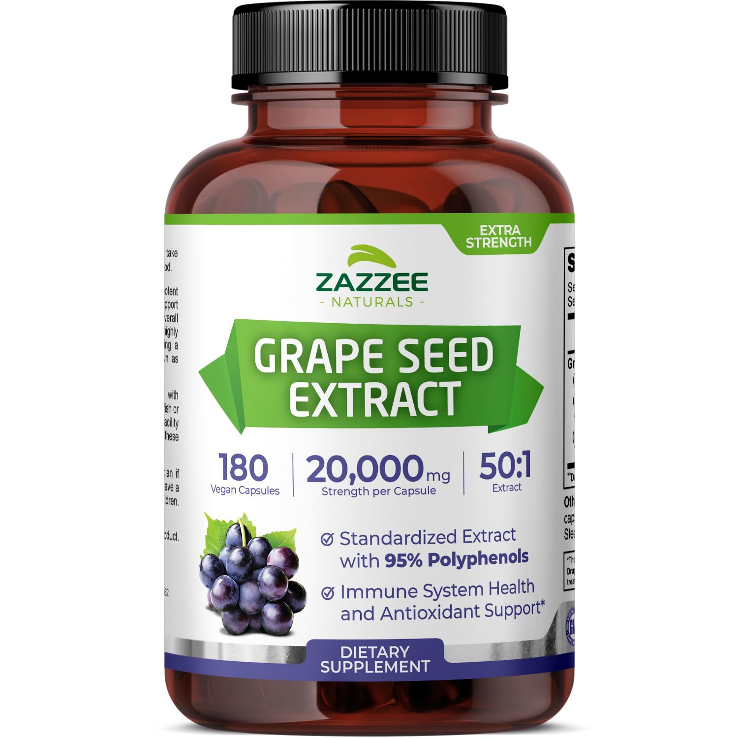 Zazzee High Strength Grape Seed 50:1 Extract, 120 Capsules, 95% Polyphenols | Vegan, 400 mg per Capsule, 4 Month Supply, Antioxidant, Circulation & Blood Flow Support, Non-GMO, Made in the USA