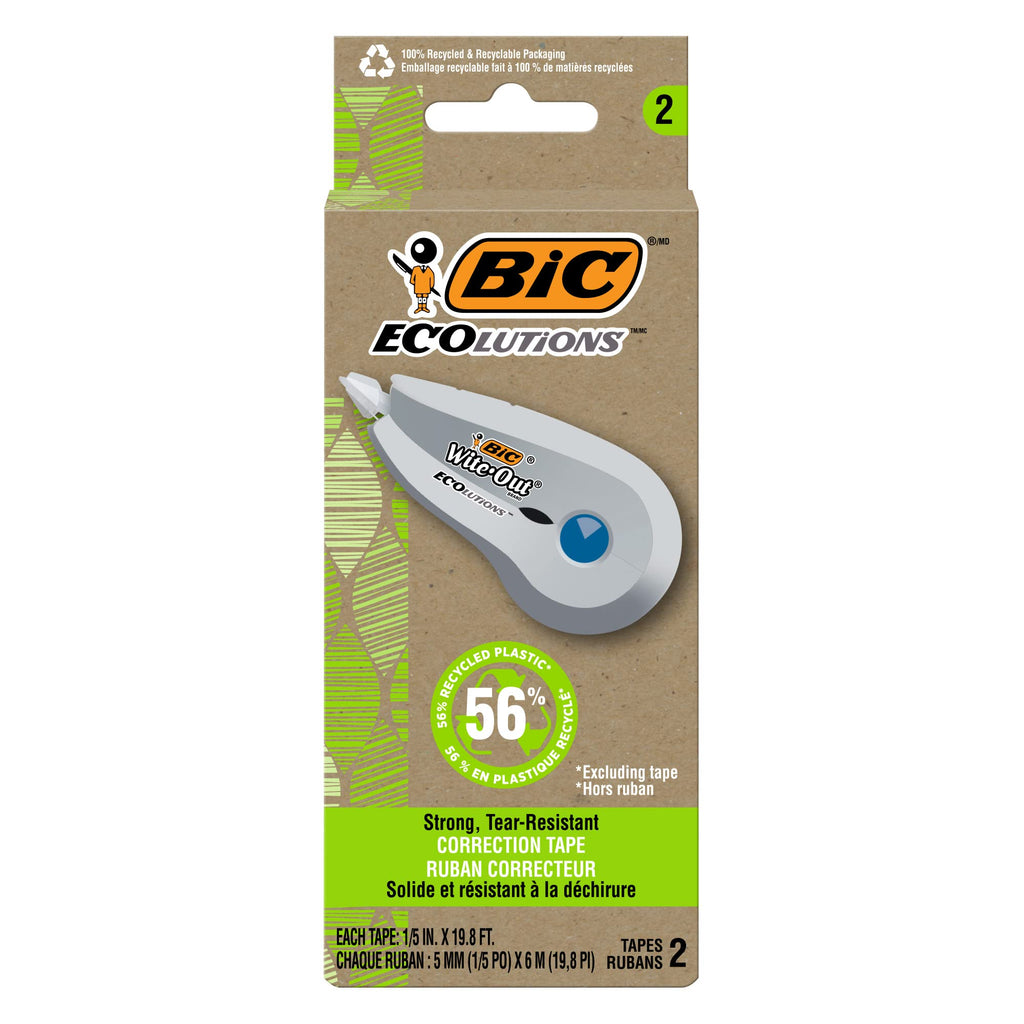 BIC Ecolutions Wite-Out Brand, 19.6 Feet, 2-Count Pack, Correction Tape Made from 56% Recycled Plastic Excluding Tape