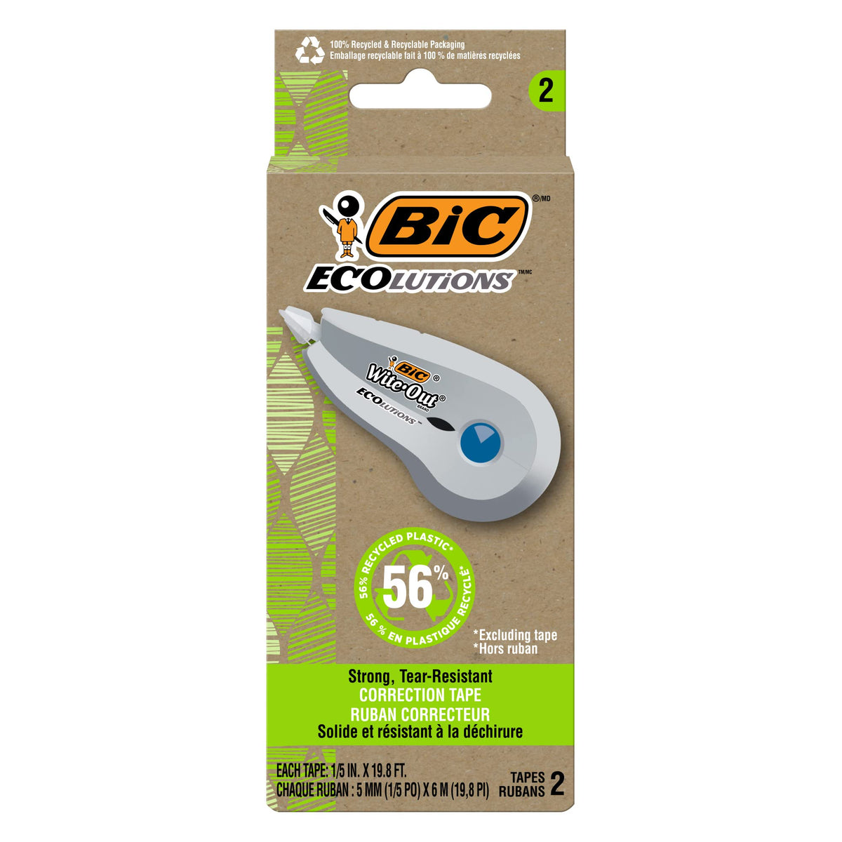 BIC Ecolutions Wite-Out Brand, 19.6 Feet, 2-Count Pack, Correction Tape Made from 56% Recycled Plastic Excluding Tape