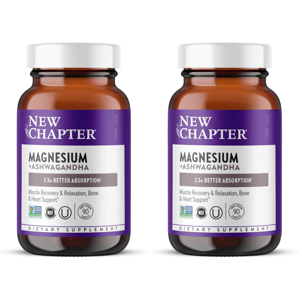 New Chapter Magnesium Glycinate 325mg & Ashwagandha Supplement, 90 Tablets | Highly Absorbable Formula Supports Muscle and Bone Health, Non-GMO, Kosher, Vegan, and Gluten Free