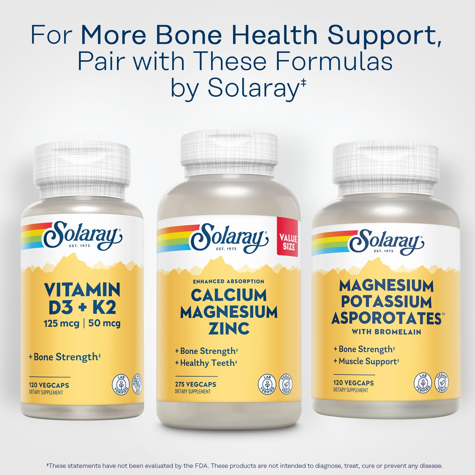 SOLARAY Calcium Magnesium Zinc, 275 VegCaps | Bone, Muscle, Heart & Immune Support, Calcium, Magnesium & Zinc Complex, 68 Servings, Vegan, Lab Verified
