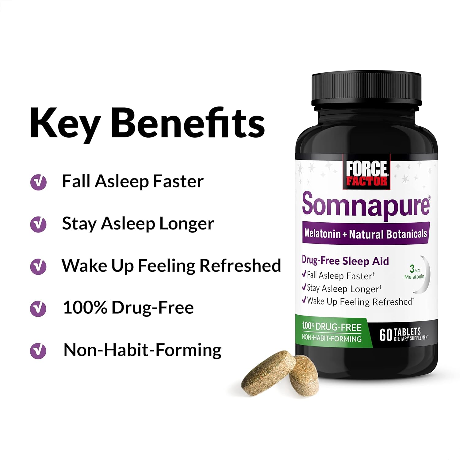 Buy now Force Factor Somnapure Drug-Free Sleep Aid for Adults for Occasional Sleeplessness with Melatonin & Valerian, Non-Habit-Forming Sleeping Pills, Fall Asleep Faster, Wake Up Refreshed, 60 Tablets at indiglob india