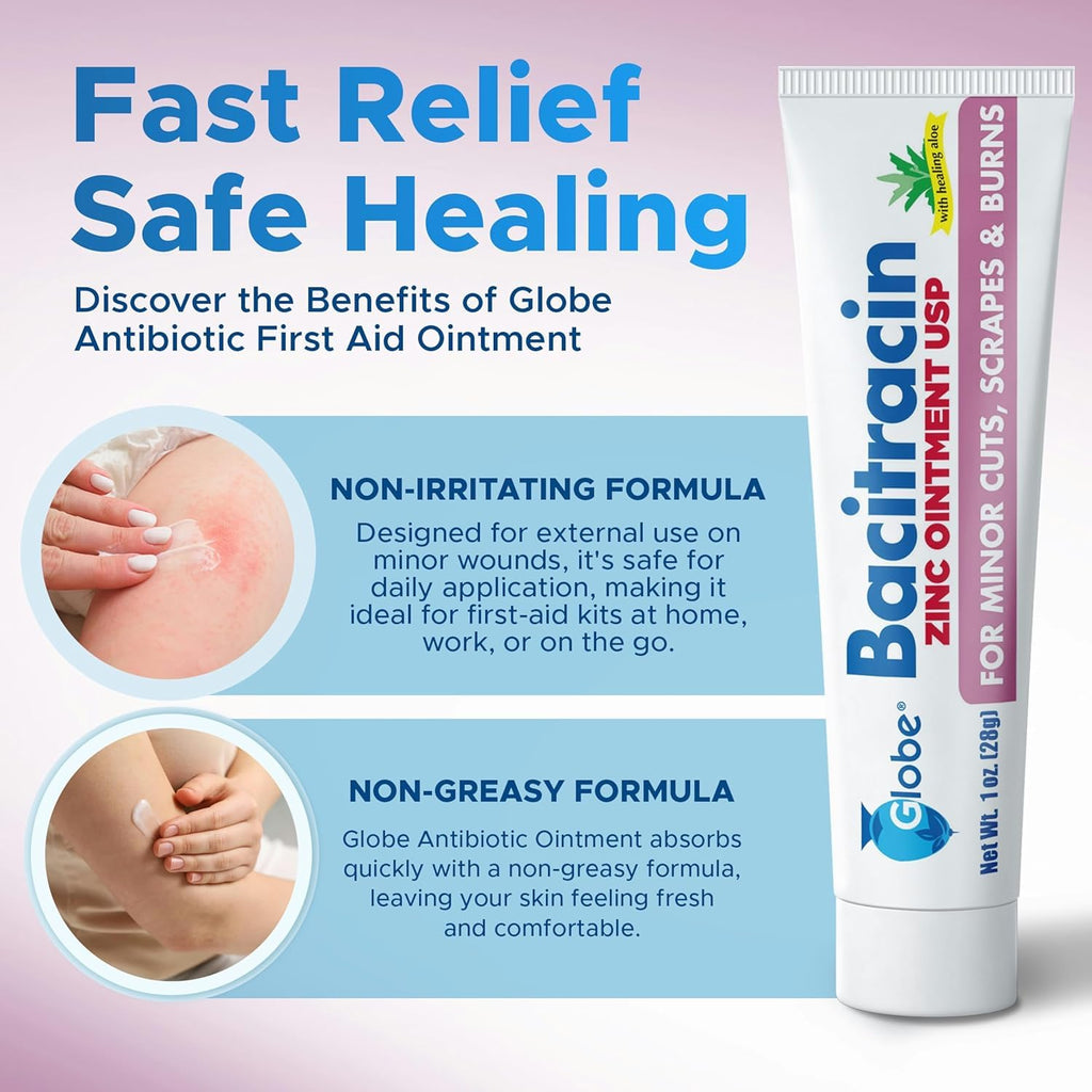 Globe Bacitracin Zinc Ointment with Aloe 1 oz, Antibiotic Ointment, 4 Pack