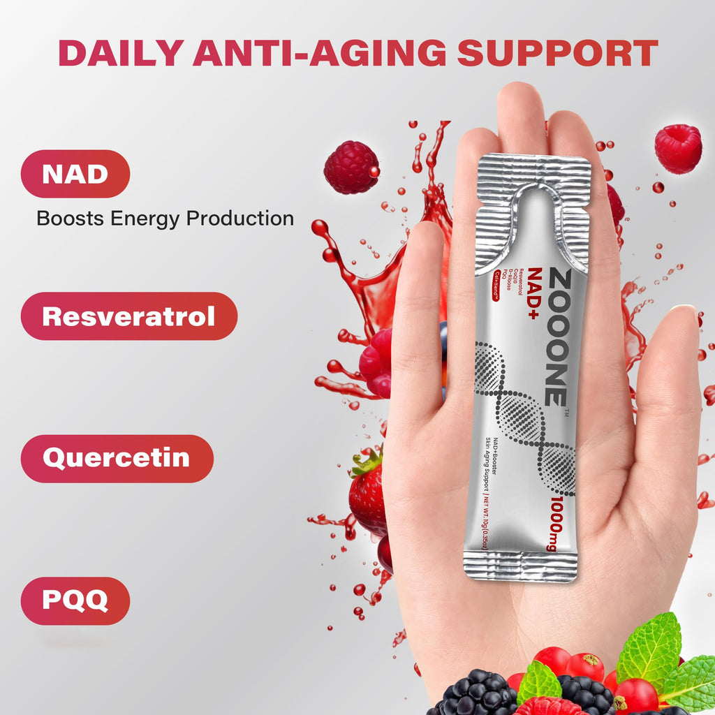 zooone NAD+ Liquid Packets 1000mg, NMN Supplement Alternative with Aging-Supportive Resveratrol, CoQ10, D-Ribose & PQQ for Cellular Energy, 30 On-The-Go Single Serve Packets