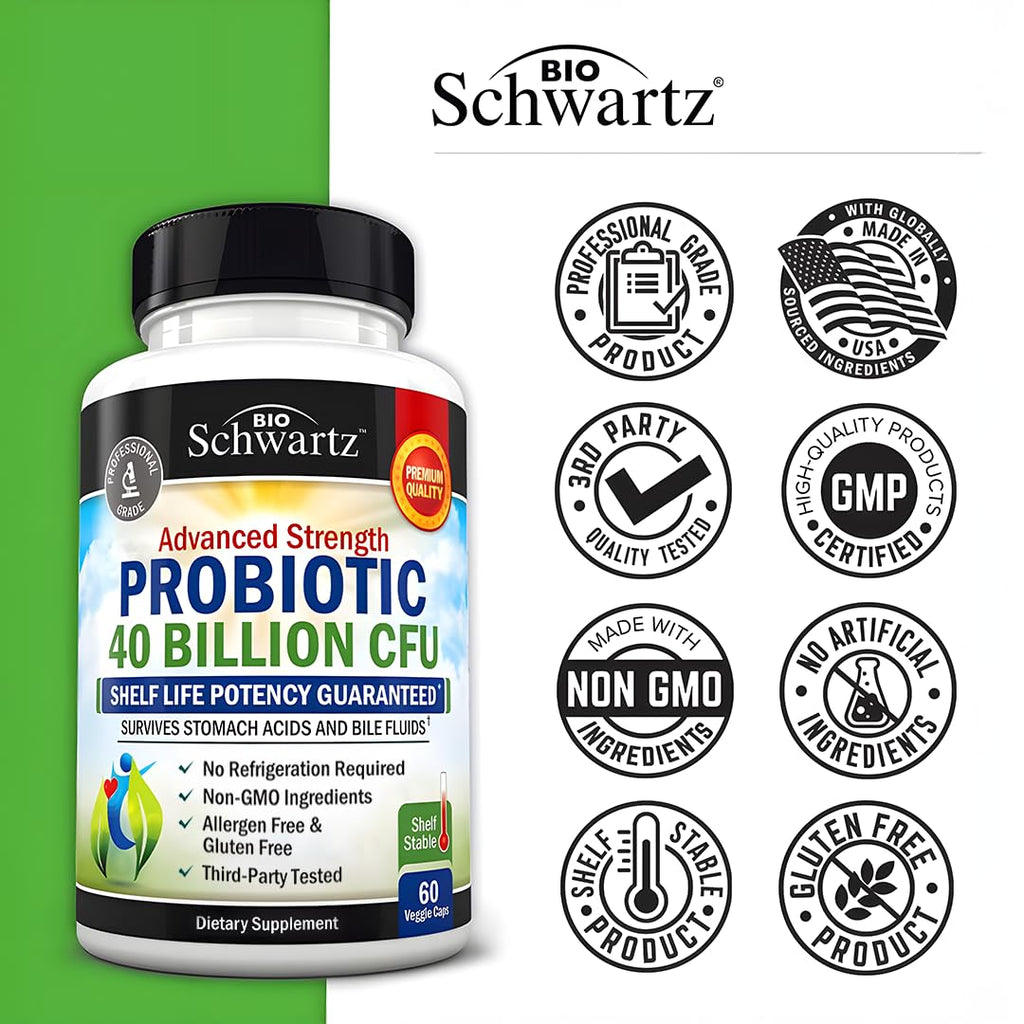 Probiotic 40 Billion CFU with Organic Prebiotics for Gut Health, 60 Count | Probiotics for Men and Women, Immune & Digestive Health Support with Lactobacillus from BioSchwartz, Non-GMO, Shelf Stable