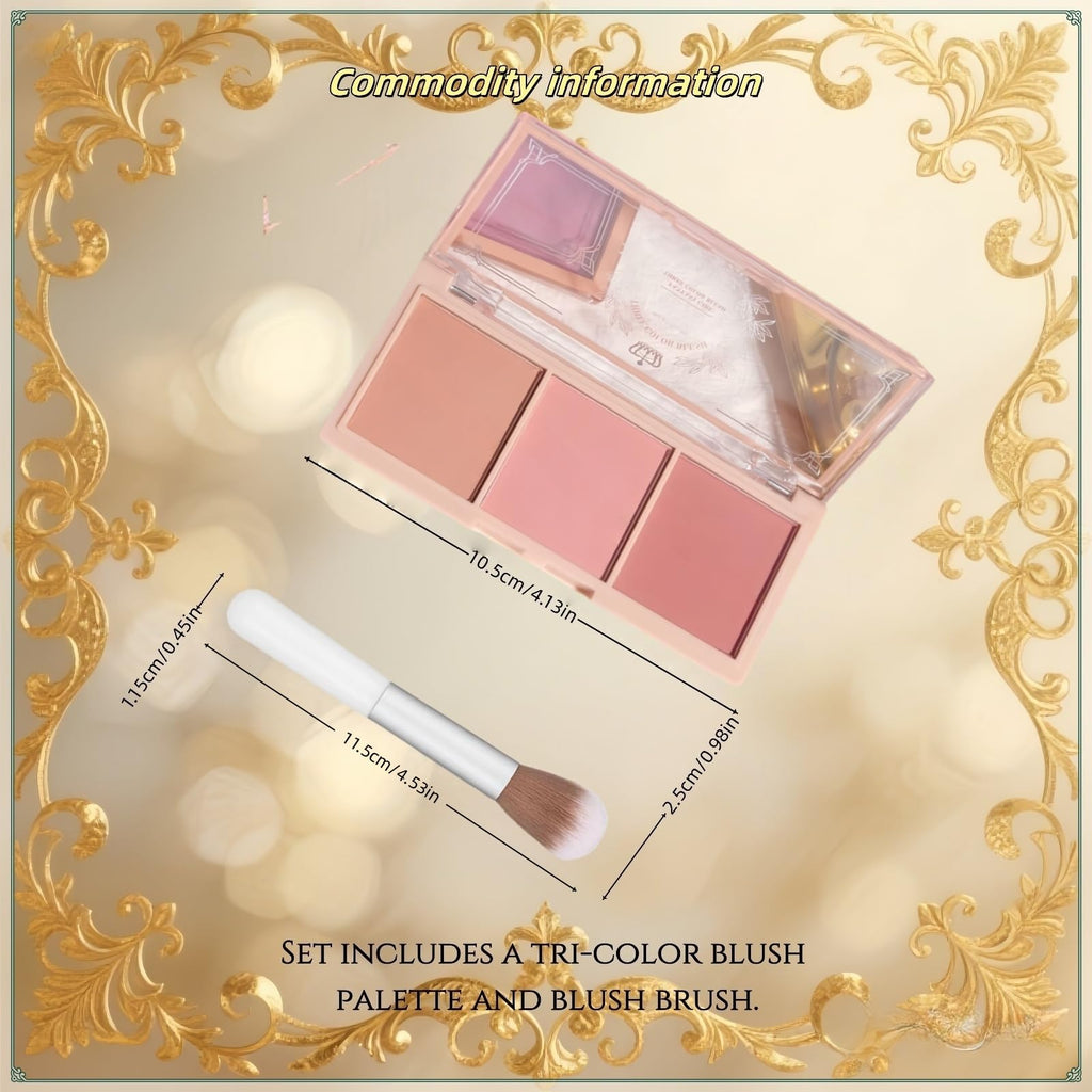 3-in-1 Matte Powder Blush Palette with Pro Brush – Versatile Face Makeup Contour Kit for All Skin Tones – Long-Lasting, Blendable Cheek Color Trio – Travel Size for Natural Beauty