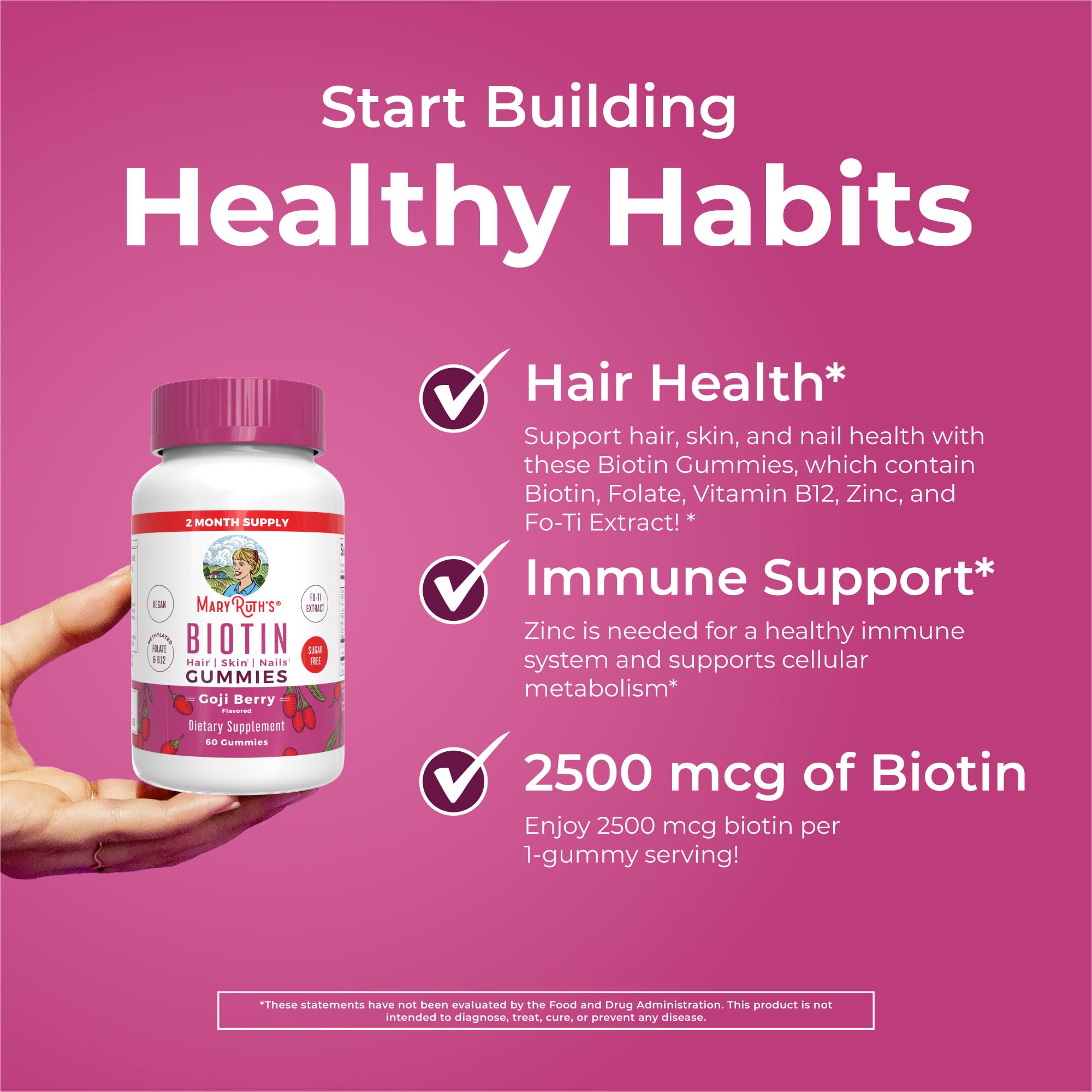 MARYRUTH'S Biotin Gummies, Hair Growth, Vegan, Sugar Free, Non-GMO, 60 Ct | Sugar Free, Vegan, Non-GMO, 2,500 mcg Biotin, Hair Skin and Nails