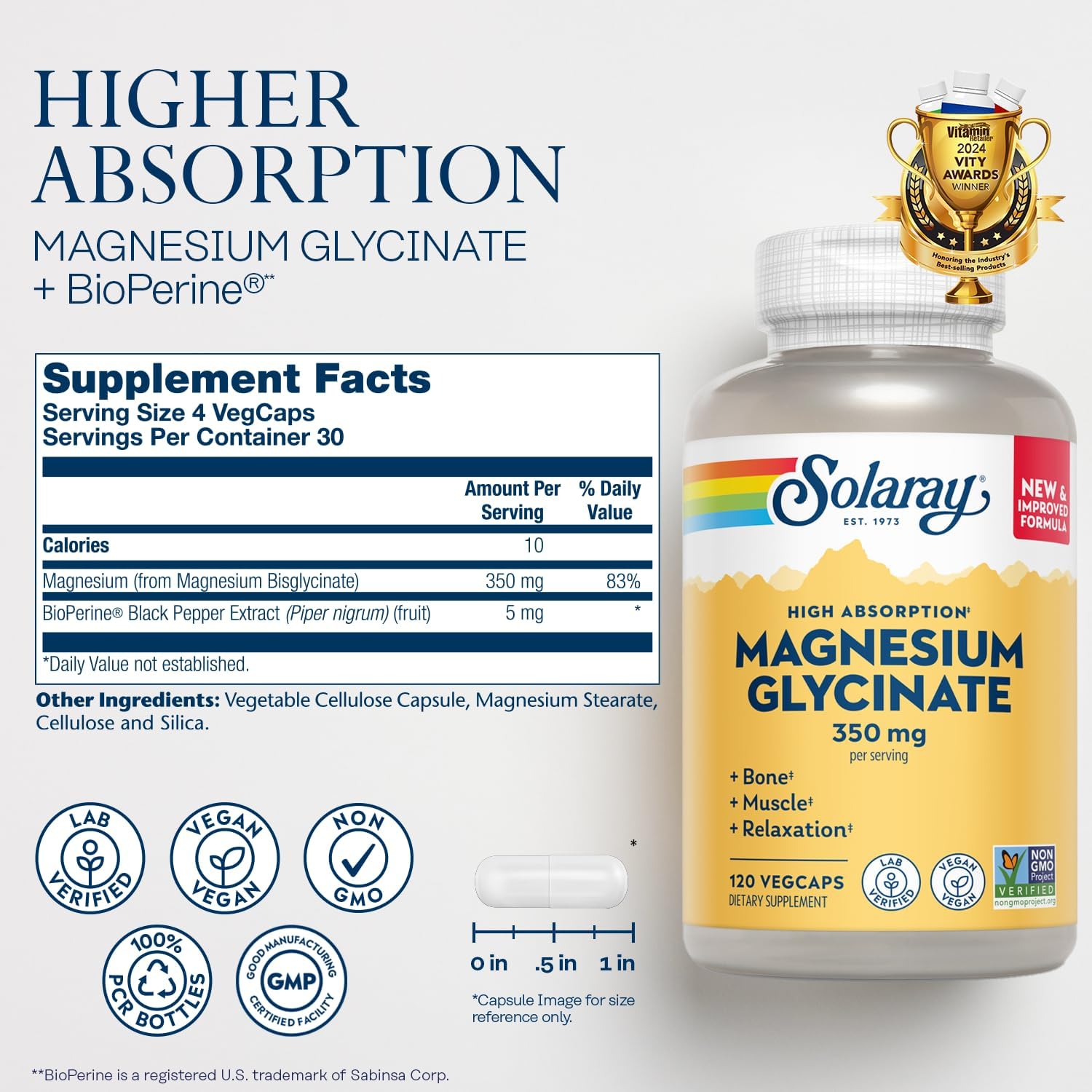 Buy now SOLARAY Magnesium Glycinate Capsules, Chelated Magnesium Bisglycinate w/BioPerine, Higher Absorption Magnesium Supplement - Bones, Muscles, Heart Support, Vegan (30 Servings, 120 VegCaps) at indiglob india
