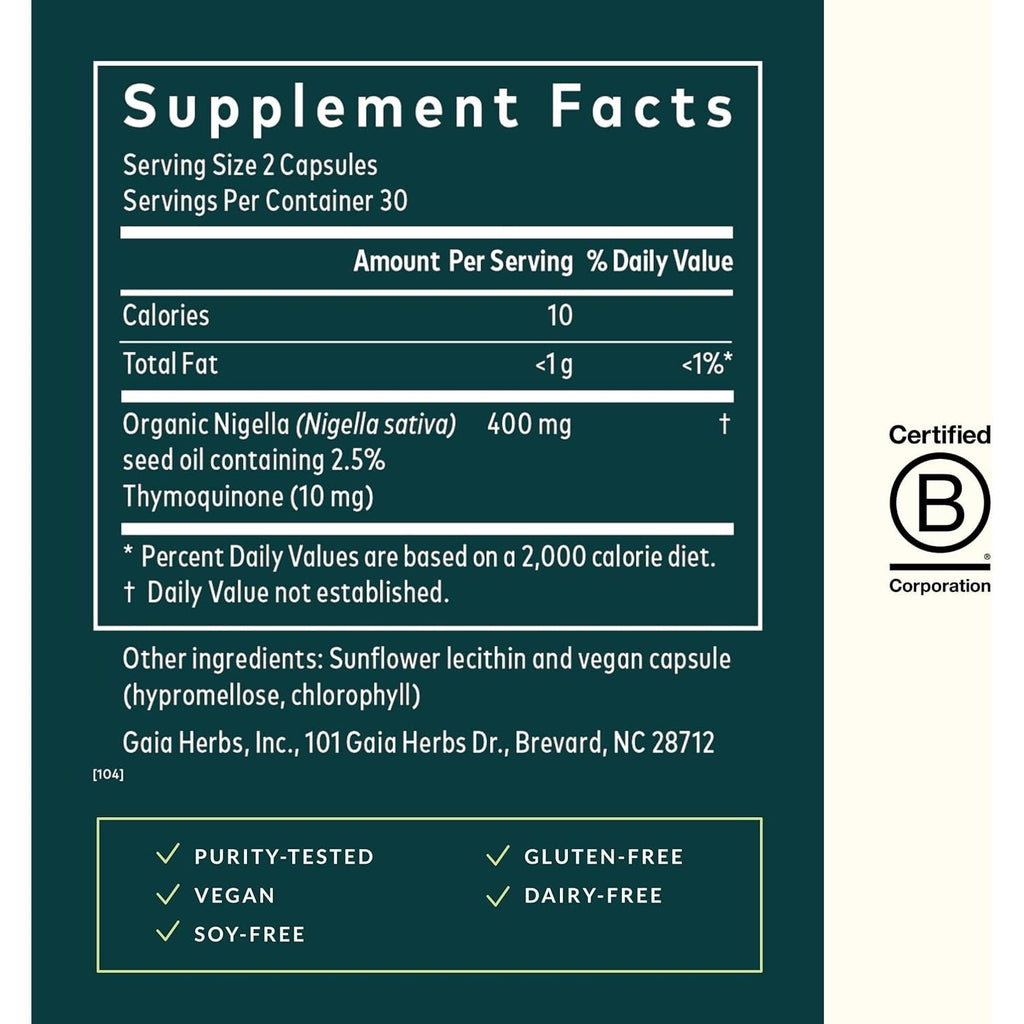 Buy now Gaia Herbs Black Seed Oil - Cold-Pressed Capsules for Lung, Respiratory, and Antioxidant Support - with Organic Nigella Seed Oil - Herbal Supplement - 60 Vegan Liquid Phyto-Capsules (30-Day Supply) at indiglob india