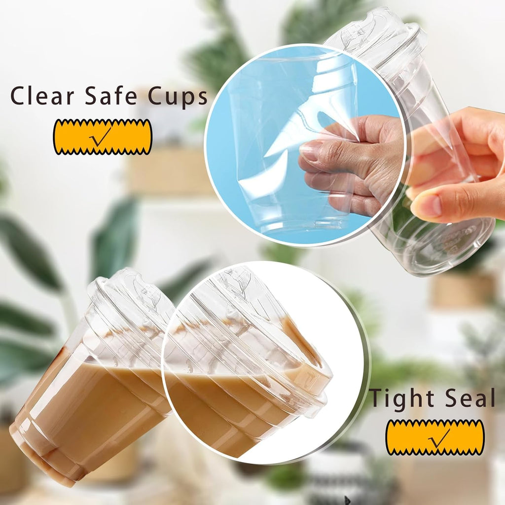 TashiBox 24oz100 Sets Clear Plastic Cups With Strawless Sip Through Lids,Clear Crystal disposable plastic cups,smoothie cups