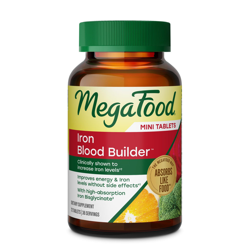 MegaFood Blood Builder Iron Supplement, Energy Support, 60 Mini Tablets | Increase Iron Levels Without Side Effects, Improves Energy Levels, B12, Folic Acid and Vitamin C for Absorption, 30 Servings