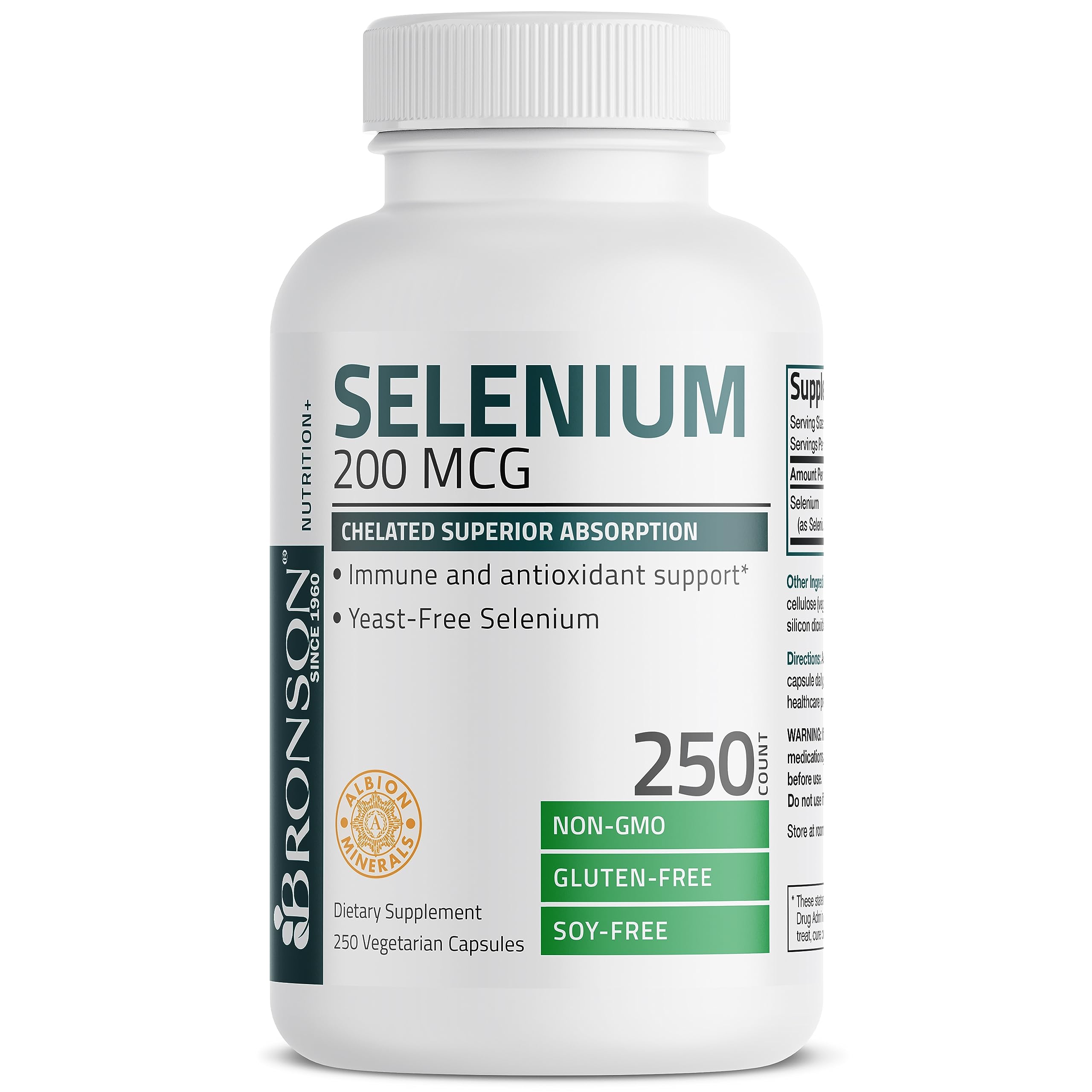 Bronson Selenium 200 mcg Albion Chelated Amino Acid Complex, 250 Capsules | Yeast-Free Essential Trace Mineral, Immune, Prostate & Metabolism Support, Vegetarian, Non-GMO, Gluten-Free & Soy-Free