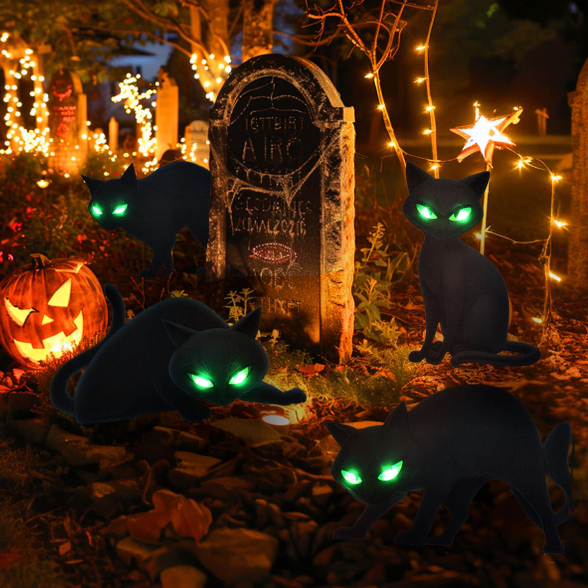 Lighted Black Cat Decor Yard Signs, 4 PCS Halloween Decorations Outdoor Scary Black Cat with LED Lights Glow Eyes for Lawn Garden Yard Stakes Outside Halloween Decoration Decor Clearance