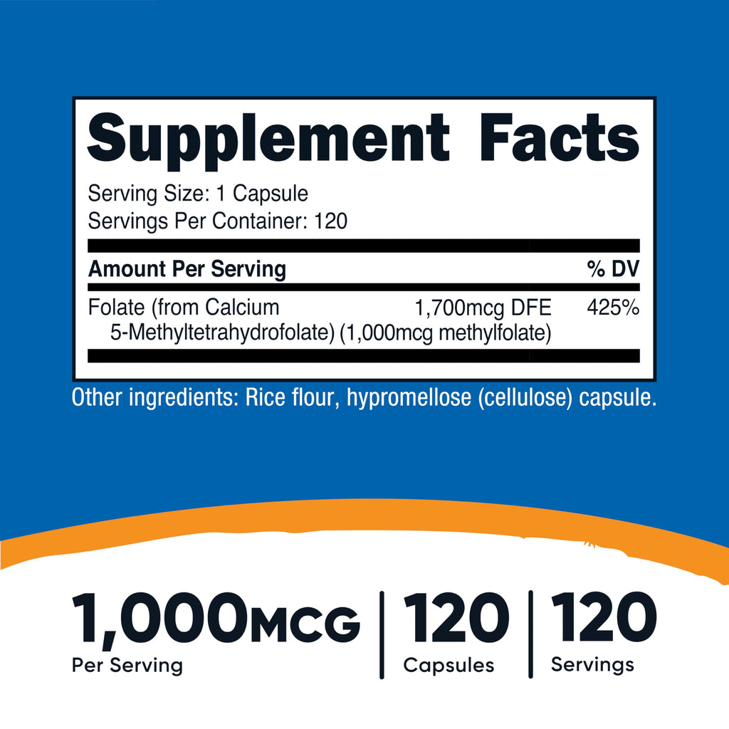 Nutricost Methylfolate 1000mcg, 120 Vegetarian Capsules, Gluten Free | GMO-Free (Methylated Folate)
