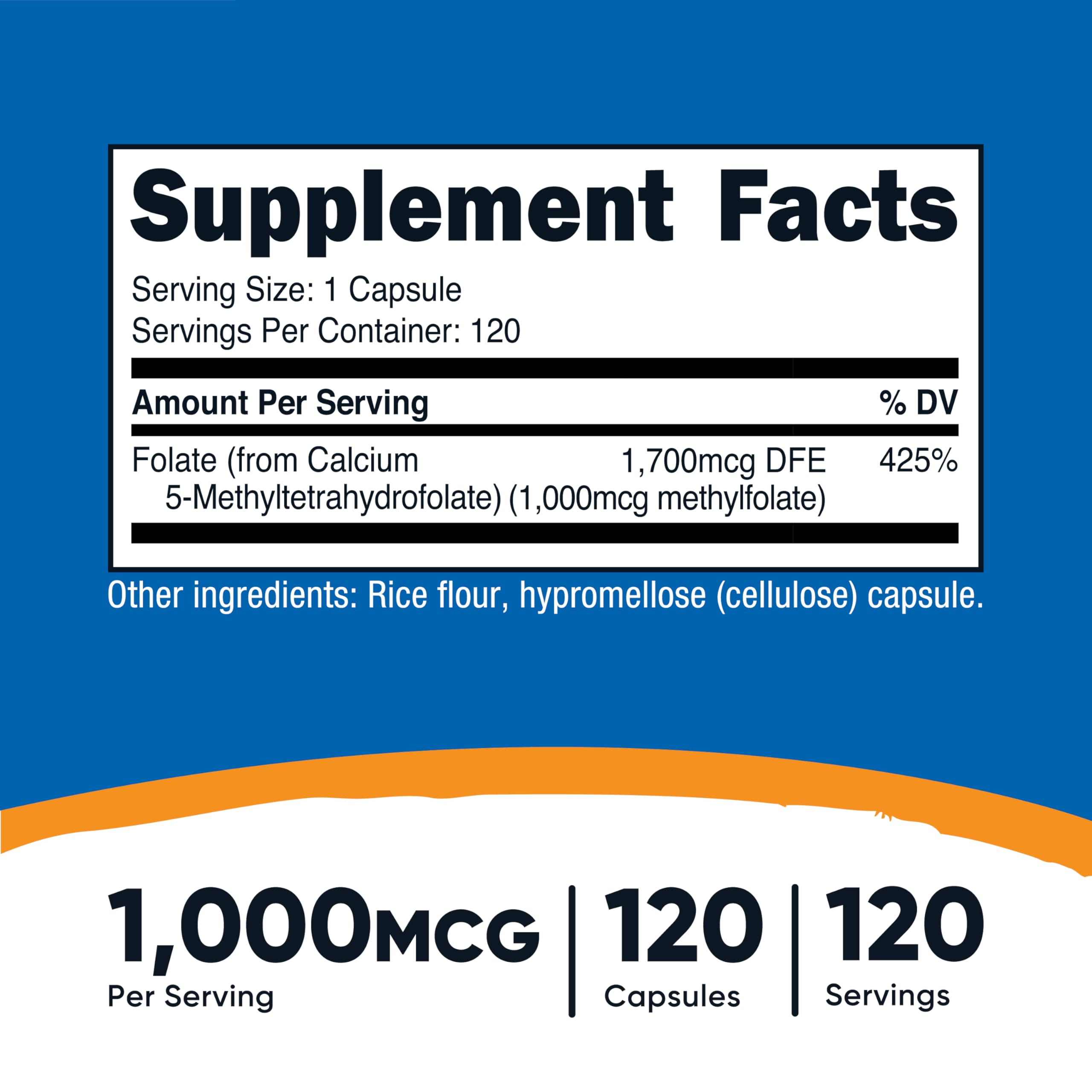 Nutricost Methylfolate 1000mcg, 120 Vegetarian Capsules, Gluten Free | GMO-Free (Methylated Folate)