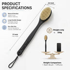 Back Scrubber for Shower with Long Handle, Exfoliating for Body,Black | Double Sided Bristles (Stiff & Soft), Anti-Slip Grip, Lightweight - Gift for Seniors, Includes Lanyard & Hook