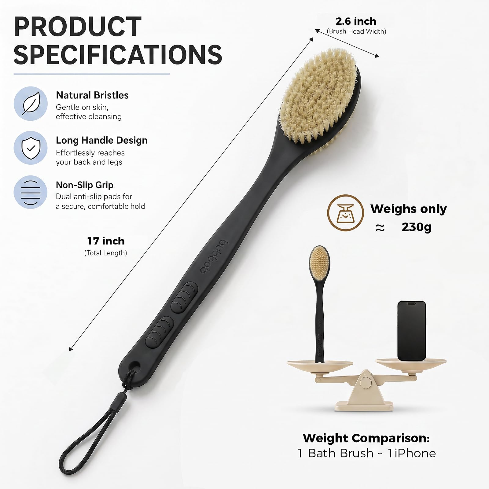 Back Scrubber for Shower with Long Handle, Exfoliating for Body,Black | Double Sided Bristles (Stiff & Soft), Anti-Slip Grip, Lightweight - Gift for Seniors, Includes Lanyard & Hook