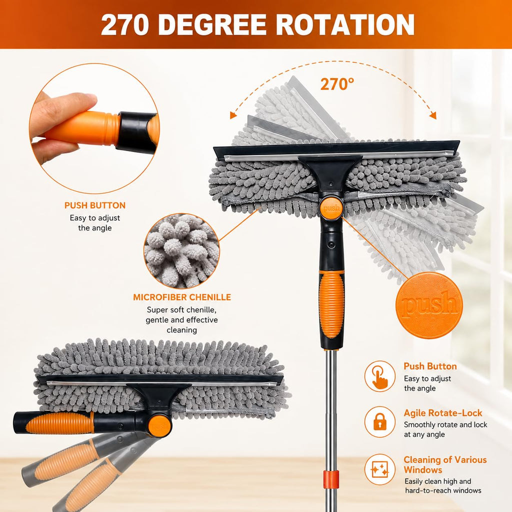 20 ft+ Reach Squeegee Window Cleaner Duster 2 in 1 Rotatable Window Cleaning Tool Kit with 3-14 ft Extension Pole, Window Washing Equipment for Indoor Outdoor Window Car Glass - 3 Pads