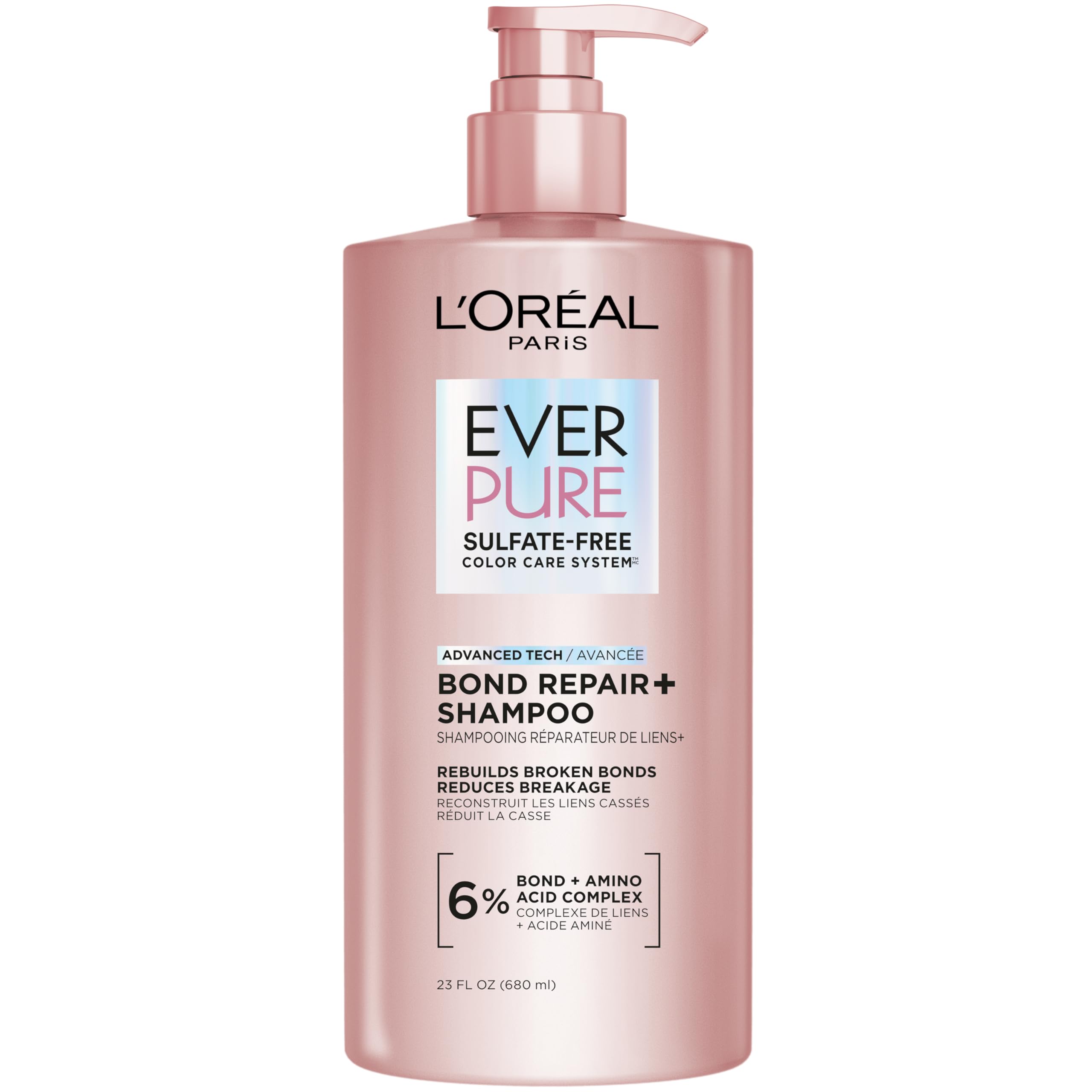 L'Oreal Paris Sulfate Free Bond Repair+ Shampoo, Hair Shampoo with Bond + Amino Acid Complex, Strengthens and Repairs Damaged or Color Treated Hair, EverPure, 6.8 Fl Oz (Packaging May Vary)