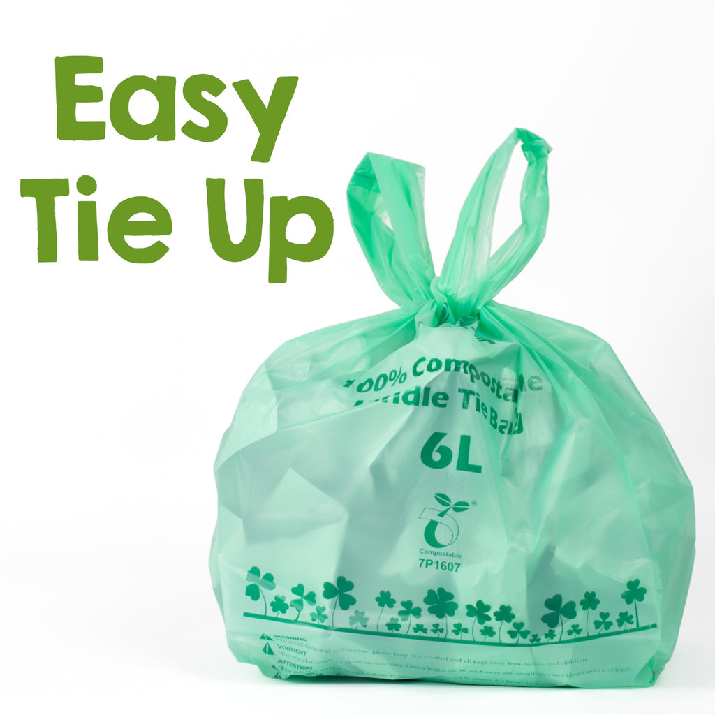 1.6 Gallon Tie Handles Compost Trash Bags 120 Food Scrap Bags, Compostable Kitchen Waste Bags with Europe EN13432 & ASTM D6400 Certified