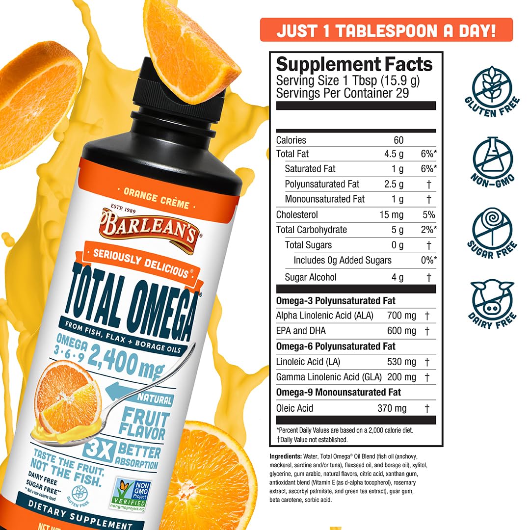 Barlean's Orange Creme Omega 3-6-9 Liquid Fish Oil, 2400mg Omegas,16oz | Fish, borage & flax oils, EPA DHA ALA GLA omegas, Burpless, Non-GMO, Gluten-free, Heart, joint & skin support