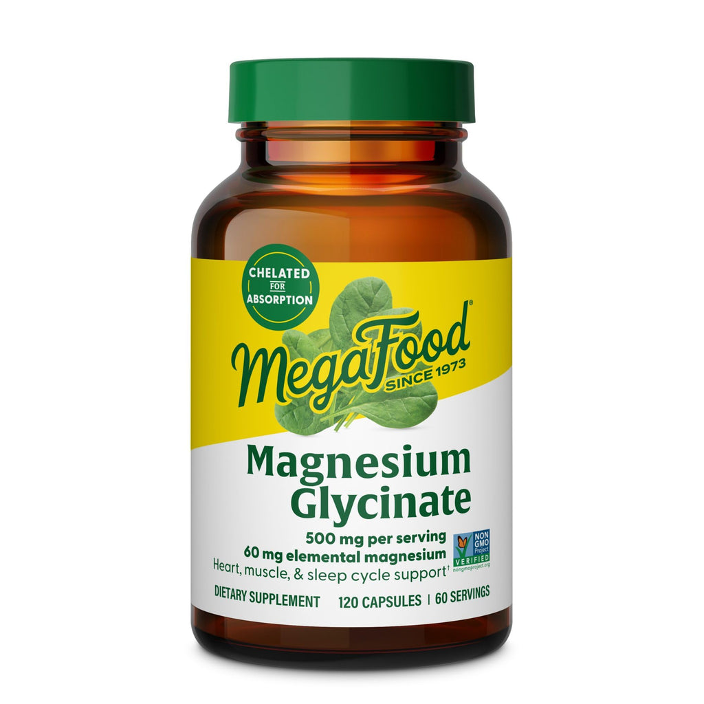 MegaFood Magnesium Glycinate 500mg, Normal Sleep & Stress, 120 Capsules | Chelated Magnesium Supplement, 60mg Elemental Magnesium, Gentle on the Stomach, Normal Sleep and Stress Support, 60 Servings