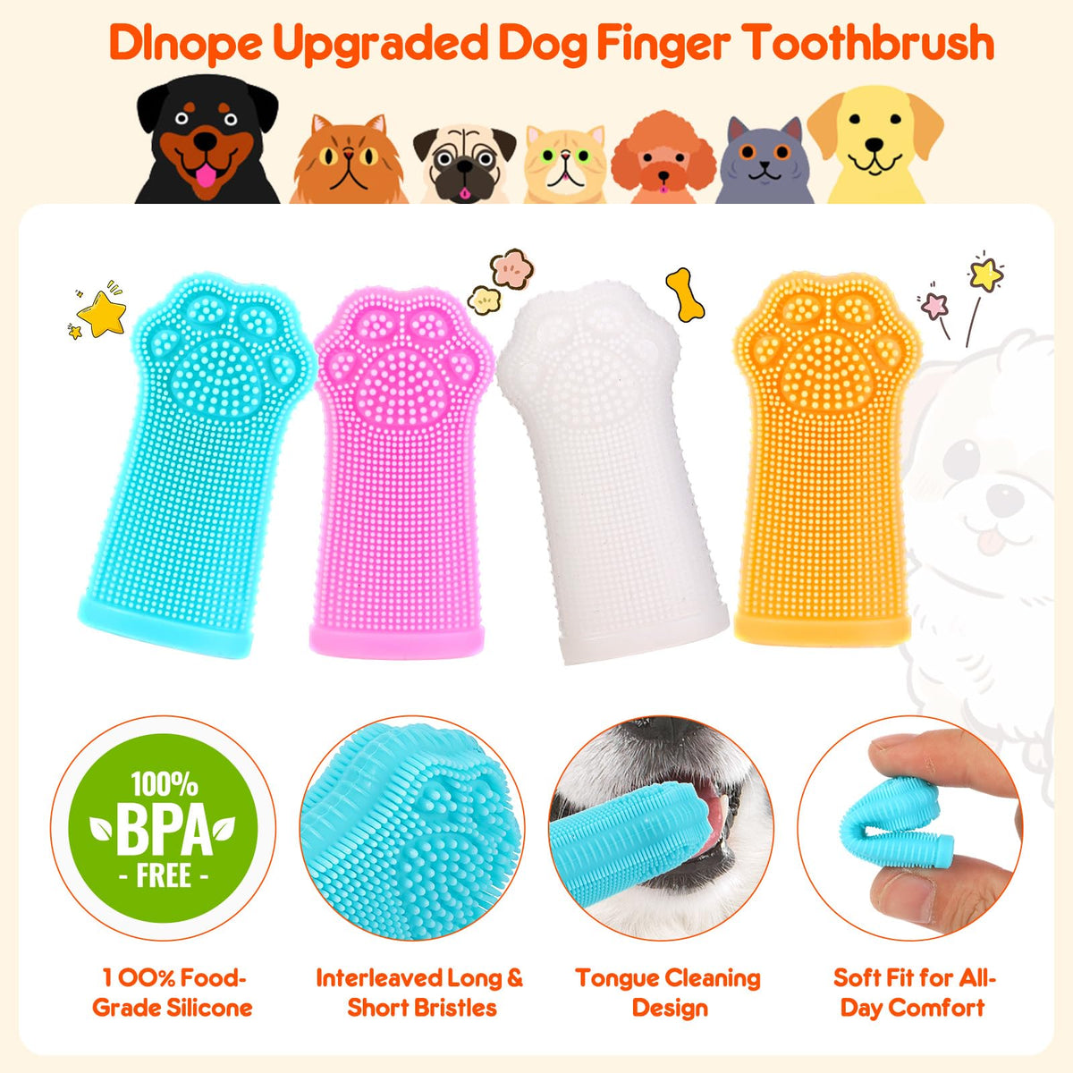 Dog Finger Toothbrush, 4-Pack Finger Toothbrush for Dogs, Upgraded Pet Tooth Brushing Kit, A Fun Dog Teeth Cleaning Tool that Also Doubles as A Gum Massage, Suitable for Medium and Large Dogs.