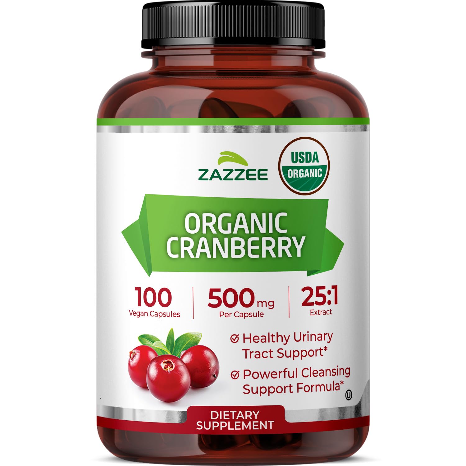 Zazzee USDA Organic Cranberry 25:1 Extract, 500 mg per Capsule, 60 Capsules | Vegan, 2 Month Supply, Certified Kosher, Vaccinium Macrocarpon, Non-GMO, Made in the USA