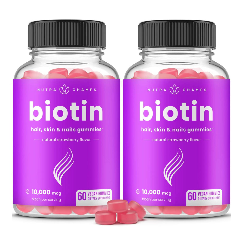 NutraChamps (2 Pack) Biotin Gummies 10,000mcg [High Potency] for Healthy Hair, Skin & Nails for Adults & Kids - 5000mcg in Each Gummy Vitamin - Vegan, Non-GMO, Pectin-Based Hair Health Supplement