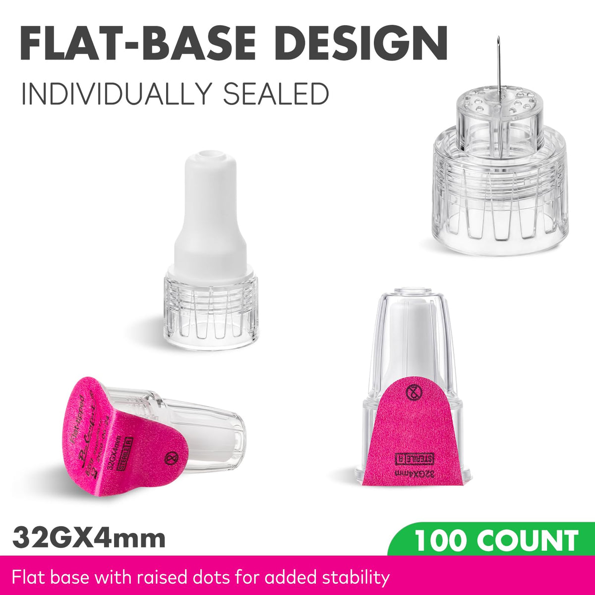 Flat Base Pen Tips 32G x 4mm Pen Tip Comfortable Wide Seat Design 100 Count