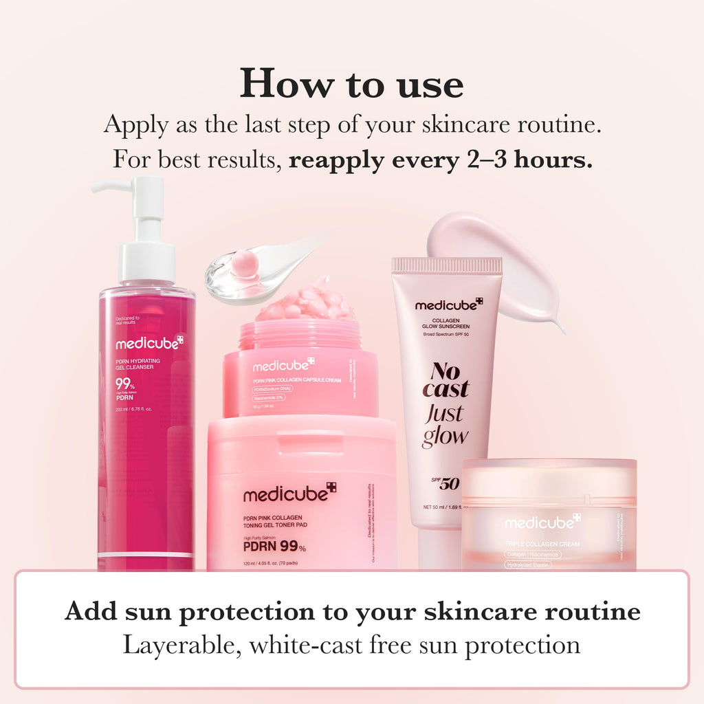 medicube Sunscreen No Cast Just Glow Collagen, SPF 50 | SPF 50 Hydrating Face Sunscreen - Lightweight & Non-Sticky Formula, Peptide & Cica for Soothing & Glow, Korean Skincare