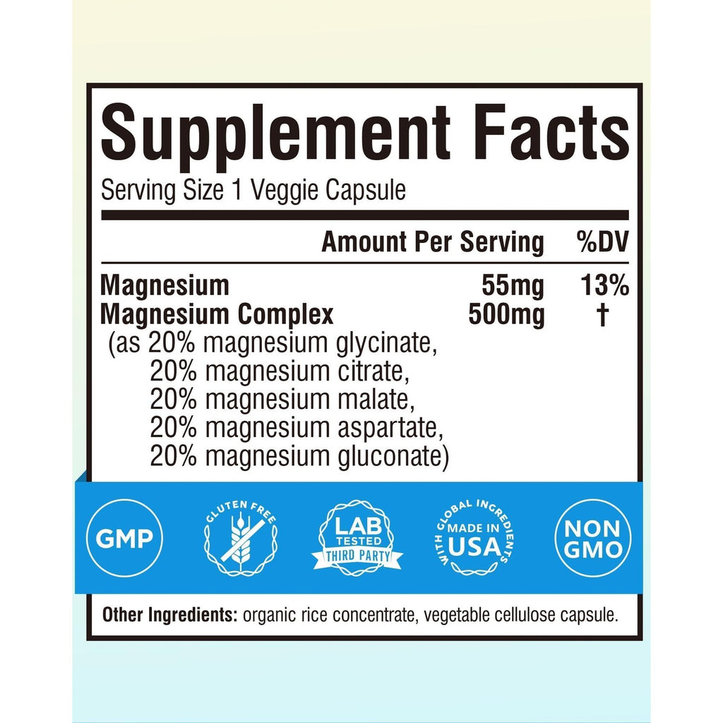 Terranics 5-in-1 Magnesium Complex Supplement 500mg, 120 Vegan Capsules | 5 Forms High Absorption Magnesium Glycinate Citrate Malate Aspartate Gluconate for Sleep Heart Health, Non-GMO