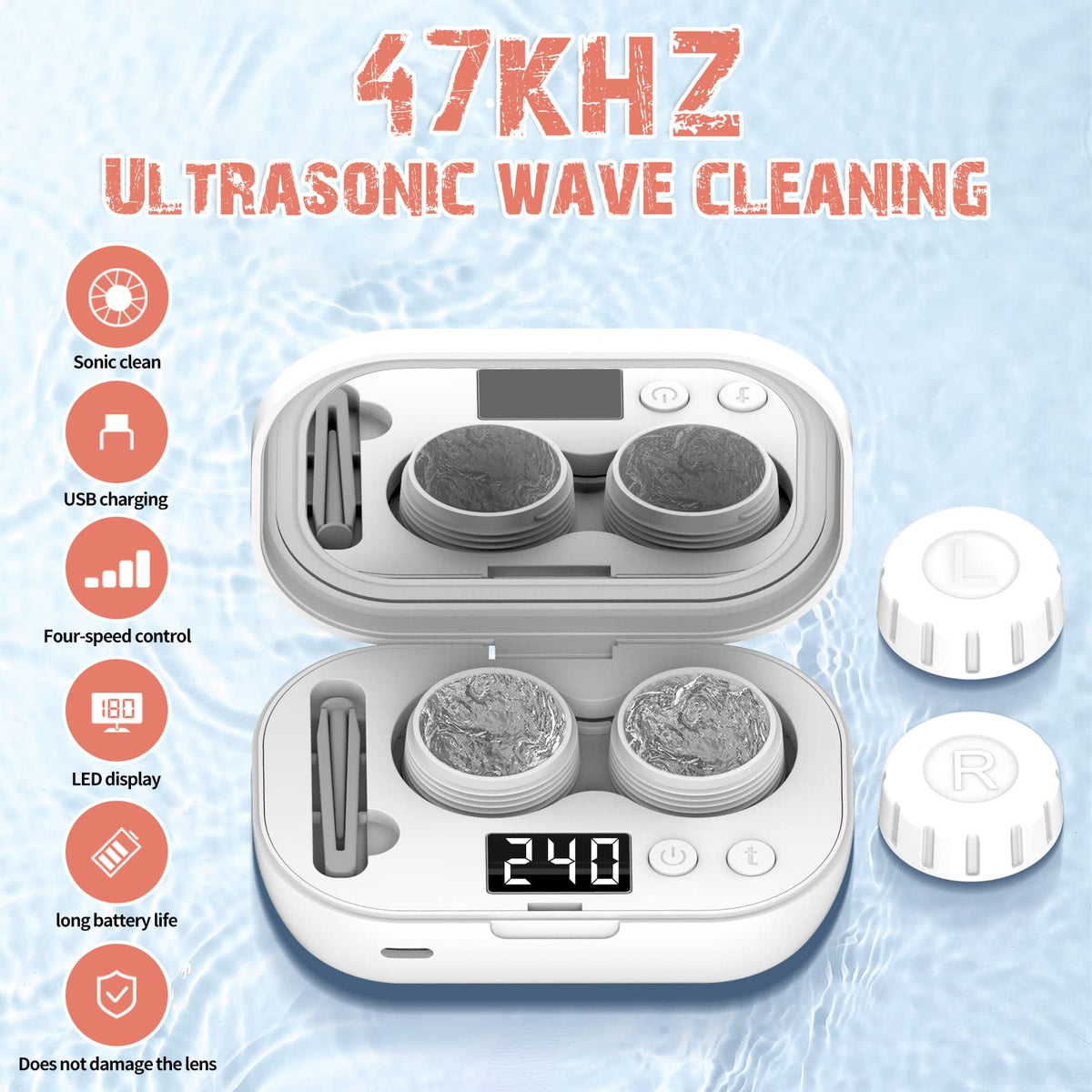 Portable Ultrasonic Contact Lens Cleaner with USB Charger - Fit Disposable Soft, Colored & RGP Lenses - Travel & Home (White)