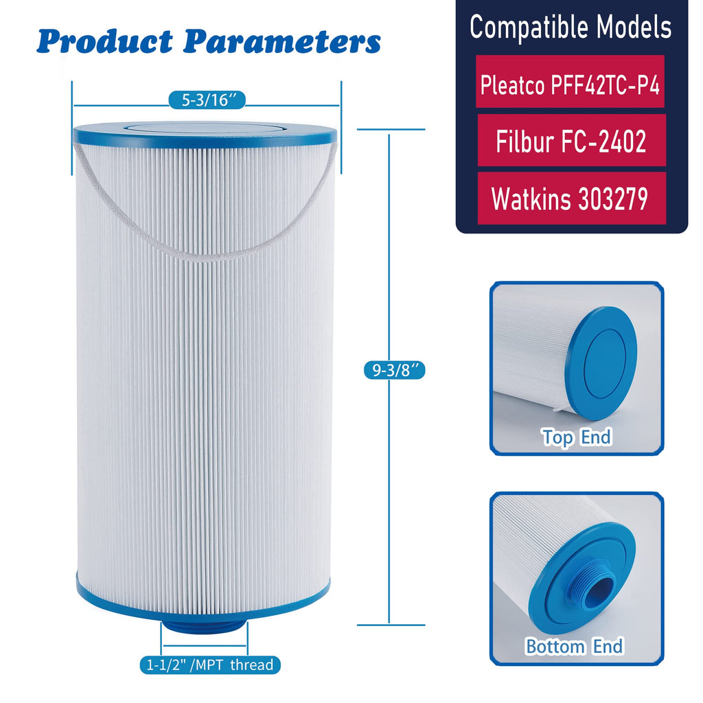 303279 Hot Tub Filter Replaces Filbur FC-2402, 5CH-37, PFF42TC-P4, 78460 and Lifesmart, AquaTerra, Fantasy, Freeflow, Simplicity, Bermuda, Aspire, Azure, Spa Filter-2 Pack