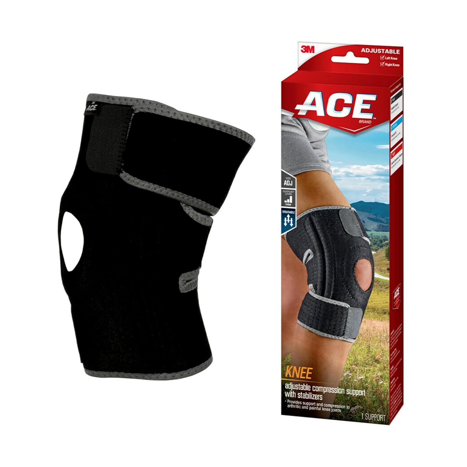 Buy now ACE Brand Adjustable Compression Knee Support, Moderate Support for Weak, Sore or Injured Joints, One Size Fits Most Adjustable Knee Brace with Dual Side Stabilizers at indiglob india