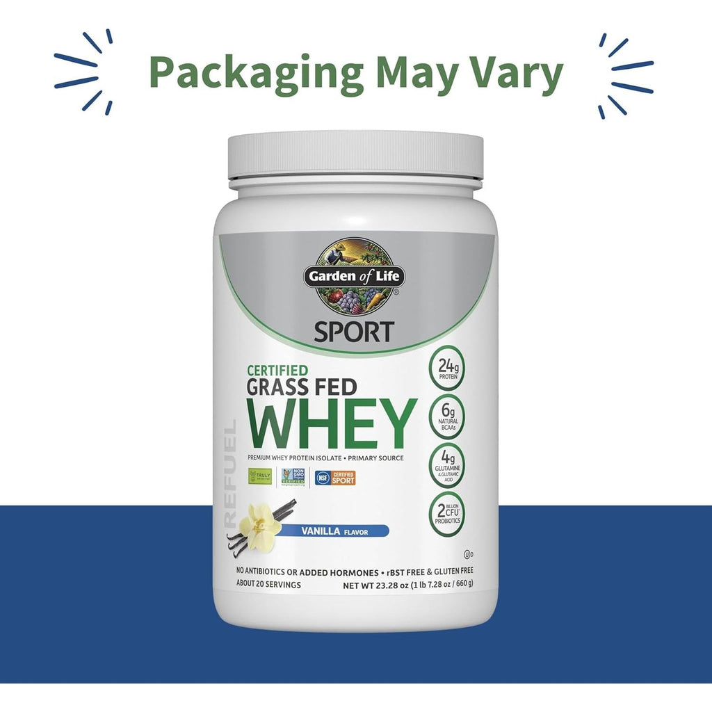 Buy now Garden of Life SPORT Whey Protein Powder Vanilla, Premium Grass Fed Whey Protein Isolate plus Probiotics for Immune System Health, 24g Protein, Non GMO, Gluten Free, Cold Processed - 20 Servings at indiglob india