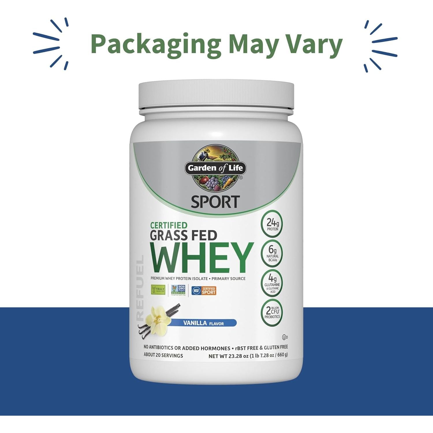 Buy now Garden of Life SPORT Whey Protein Powder Vanilla, Premium Grass Fed Whey Protein Isolate plus Probiotics for Immune System Health, 24g Protein, Non GMO, Gluten Free, Cold Processed - 20 Servings at indiglob india