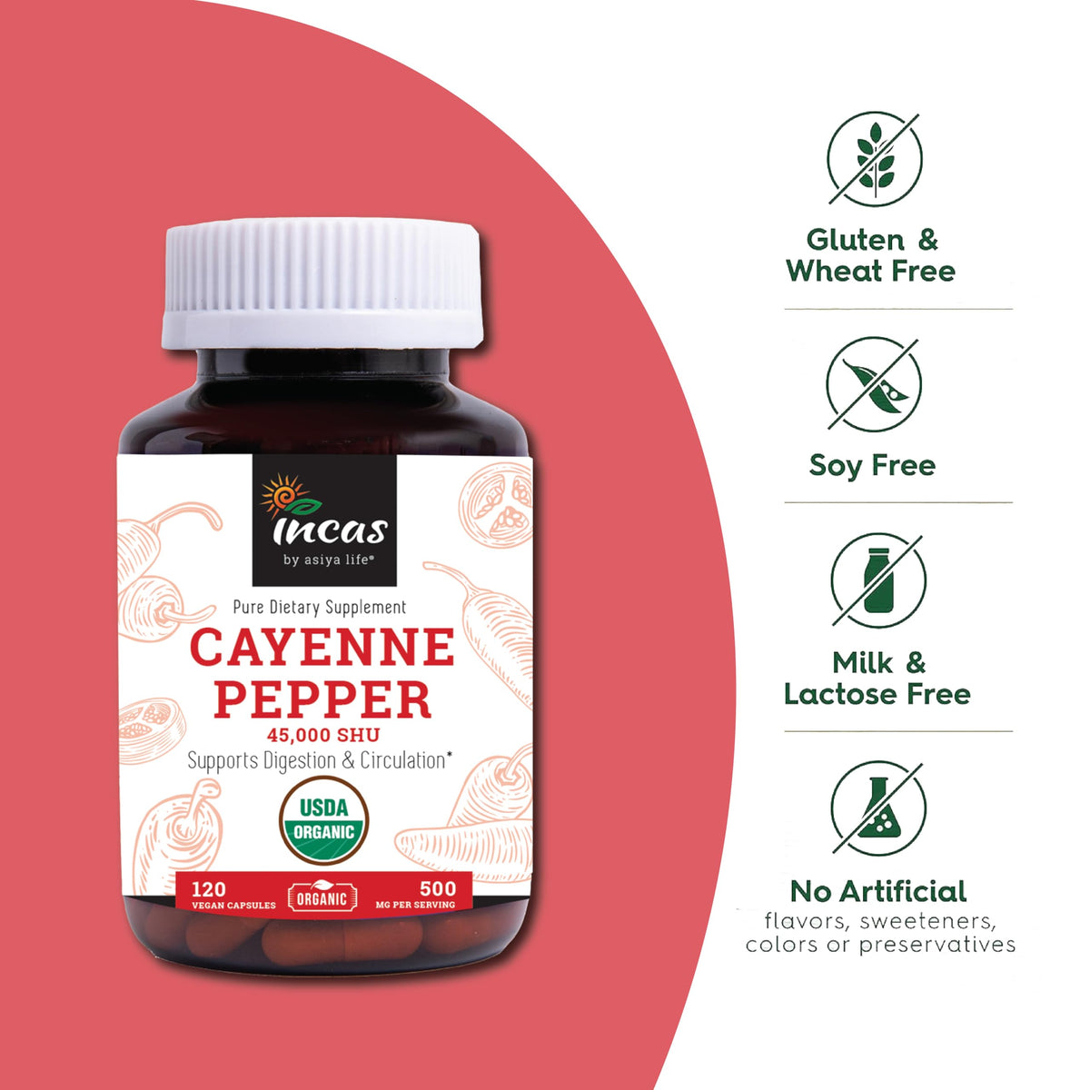 INCAS 100% USDA Organic Cayenne Pepper 120 Capsules (500mg) 45,000 SHU Traditional Digestion & Circulation Support Pure, No Additives & Fillers | 120 Servings