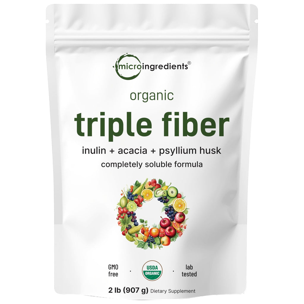 Micro Ingredients Organic Triple Fiber Powder, 2lb | Natural Prebiotic to Support Digestive & Gut Health | Soluble, Easily Digestible | Unflavored, Vegan