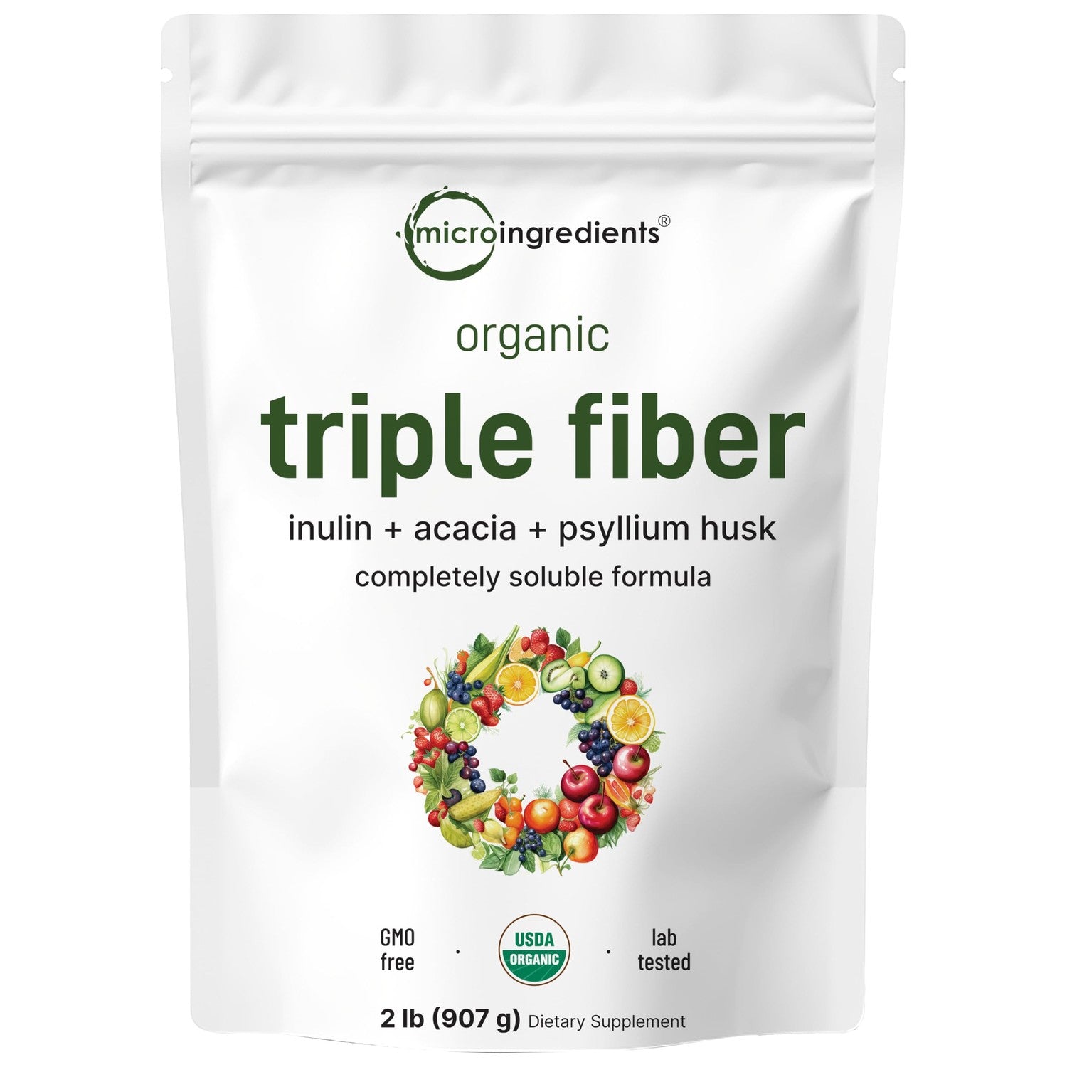 Micro Ingredients Organic Triple Fiber Powder, 2lb | Natural Prebiotic to Support Digestive & Gut Health | Soluble, Easily Digestible | Unflavored, Vegan