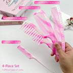 4 Pcs Unisex Hair Comb Set - Rat Tail, Wide & Fine Tooth and Dual-Sided Combs for Daily Detangling, Pink