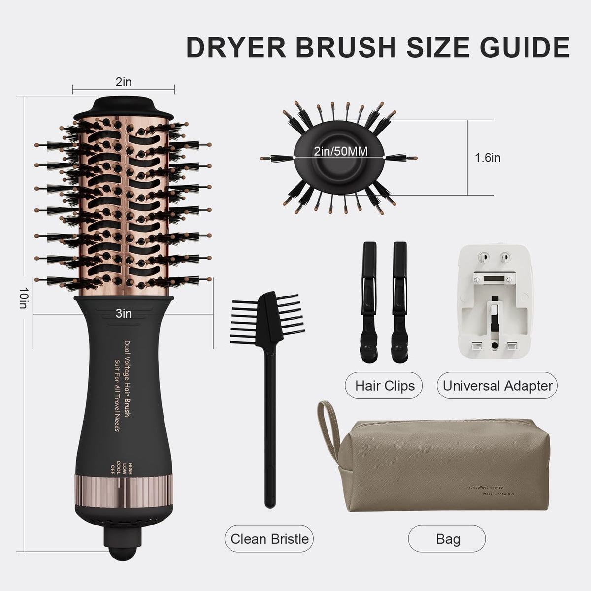 Compact 4-in-1 travel hair dryer with dual voltage, includes universal adapter, hair clips, and cleaning tool. Order online!