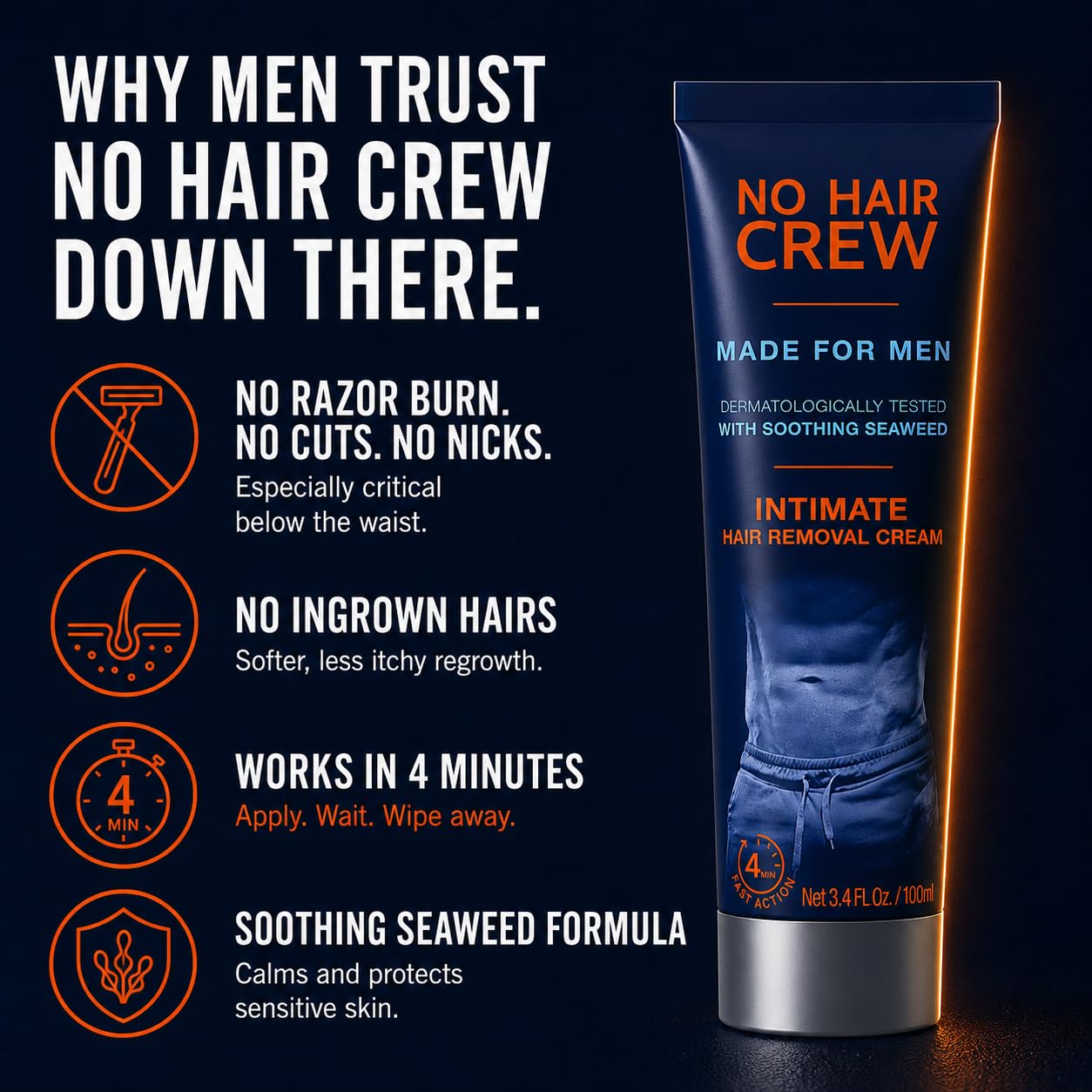 No Hair Crew Intimate/Private At Home Hair Removal Cream for Men - Painless, Flawless, Soothing Depilatory for Unwanted Coarse Male Body Hair, 100ml