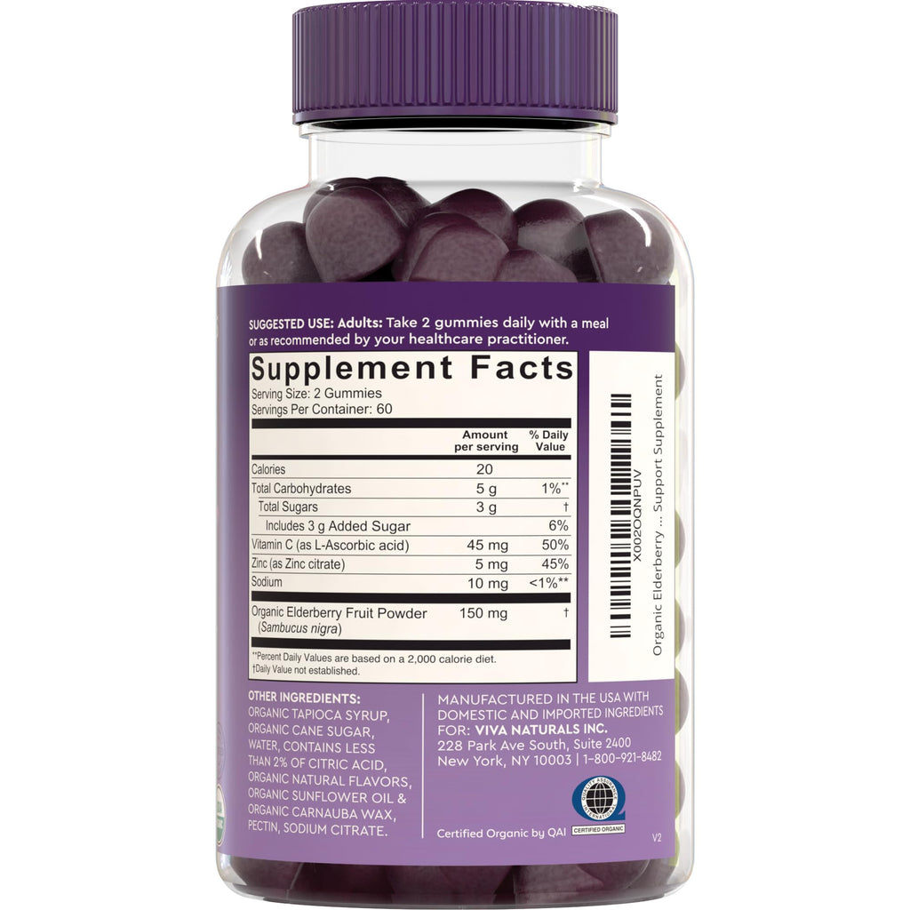 Viva Naturals Black Elderberry Vitamin C and Zinc Immune Support Gummies for Adults, Sambucus Elderberry Gummies with Raspberry Rush Flavor, USDA Organic, Non-GMO, (120 Count)