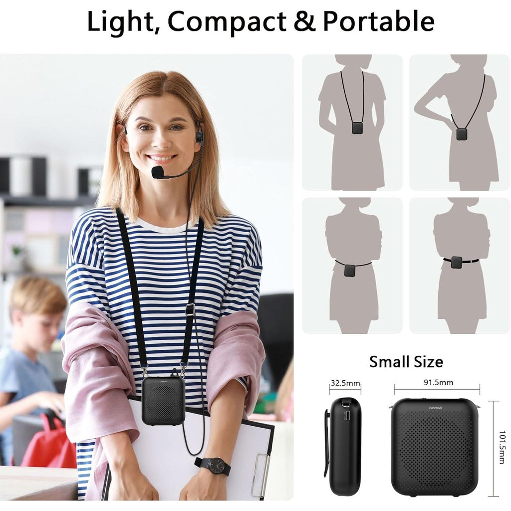 Buy now Norwii Bluetooth Voice Amplifier, Power Amplifiers, Portable Mini Wired Microphone Headset for Teacher Classroom & Outdoor Lectures, Teaching, Tour Guides, USB-C Rechargeable - 2000mAh, Black at indiglob india